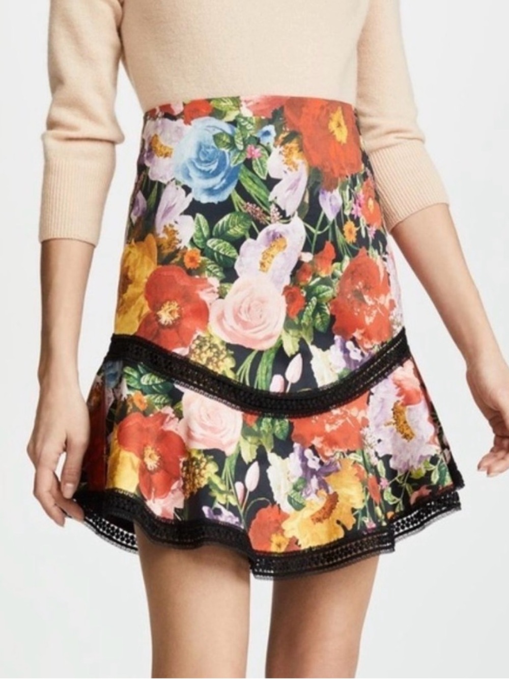 Alice + Olivia Eriko Floral Lace Trim Skirt Size 0 Garden Print Flare Mini - Picture 1 of 8